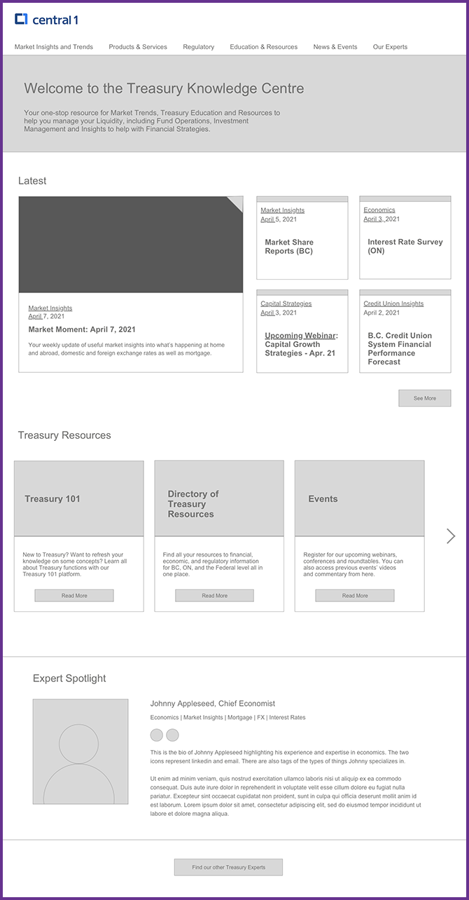 Wireframe graphic of Central 1 Treasury home page