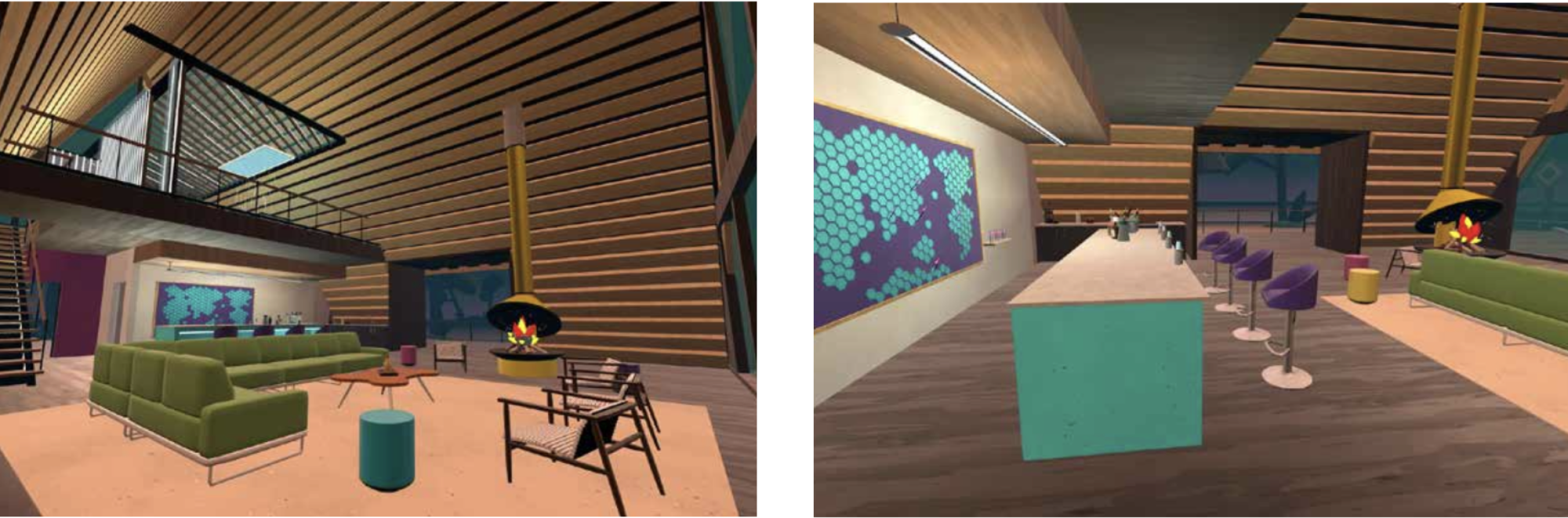 Two photos of inside of the Fireside Chat cabin