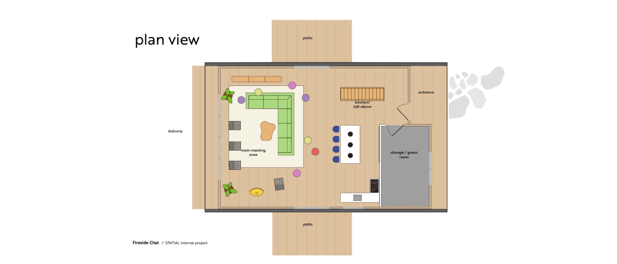 Illustration of the plan view of a cabin on small island 