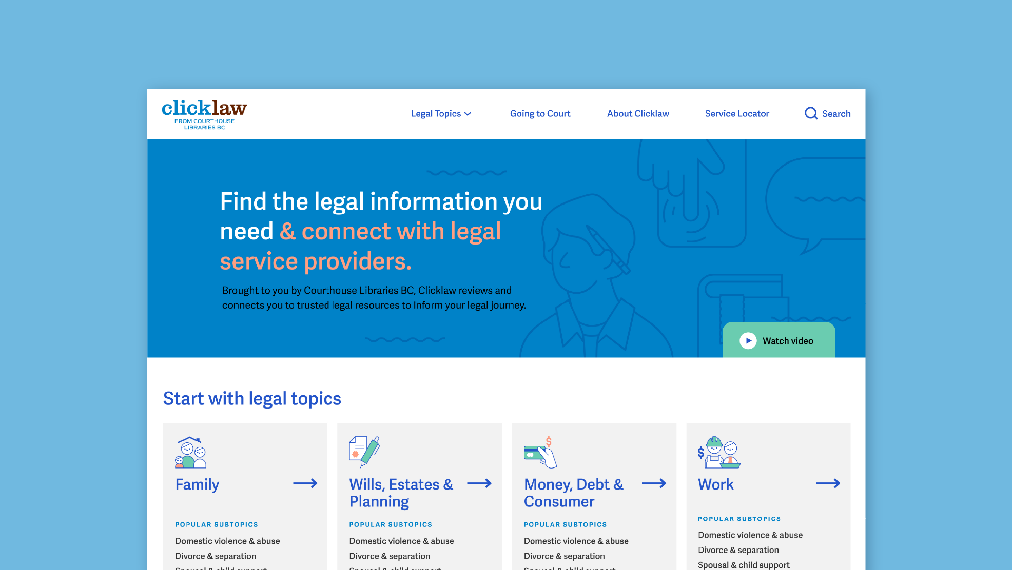 Clicklaw website mockup, homepage