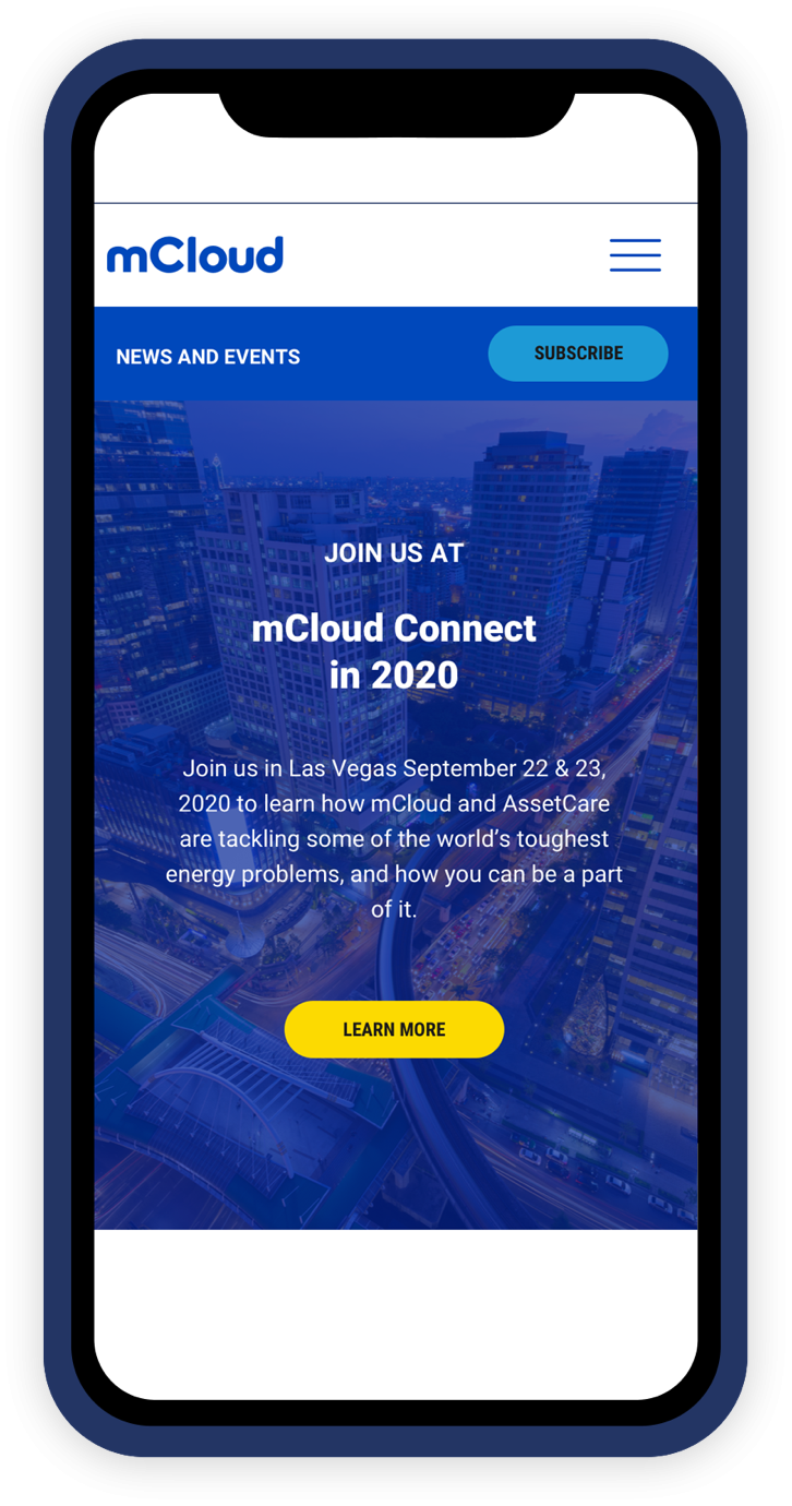 The mCloud website, as seen on a smartphone (news and events)