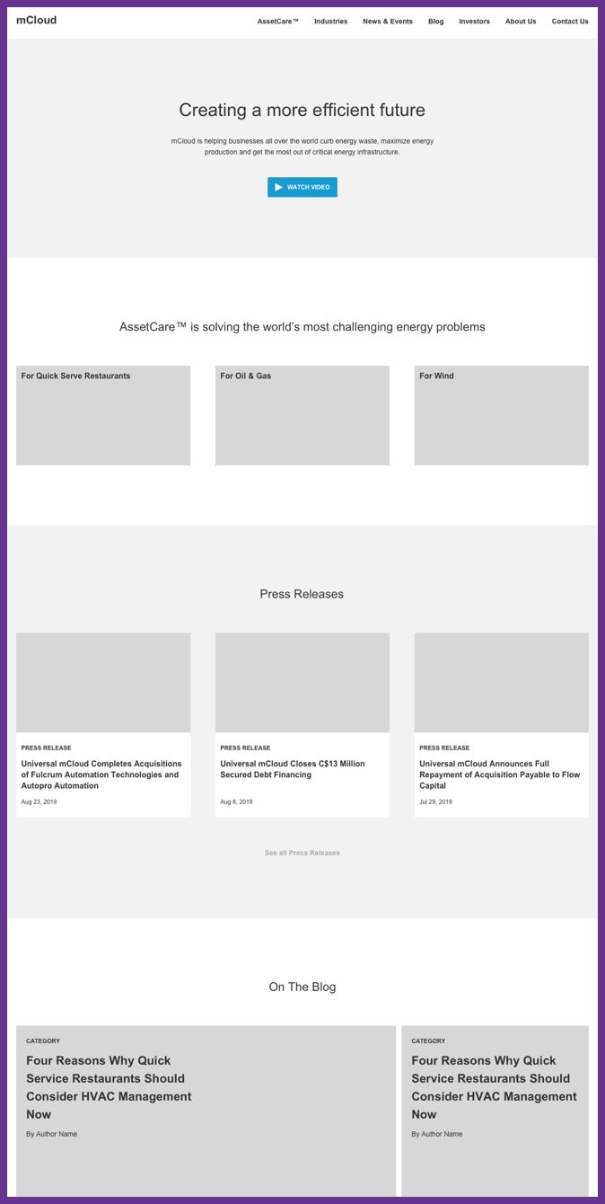 A wireframe for the mCloud homepage