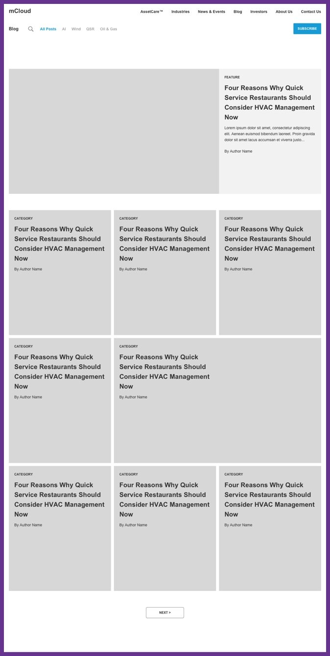 A wireframe of the blog on mCloud's website