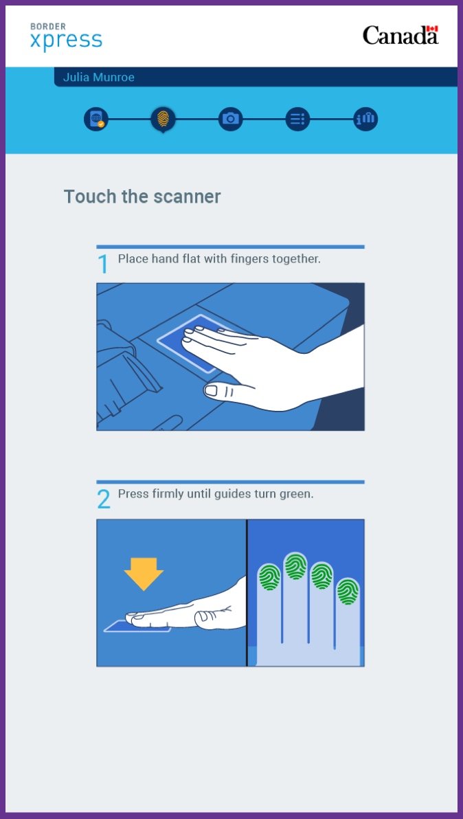 The biometrics scanning screen on a YVR self-serve terminal, instructing the placement of fingertips on a scanner