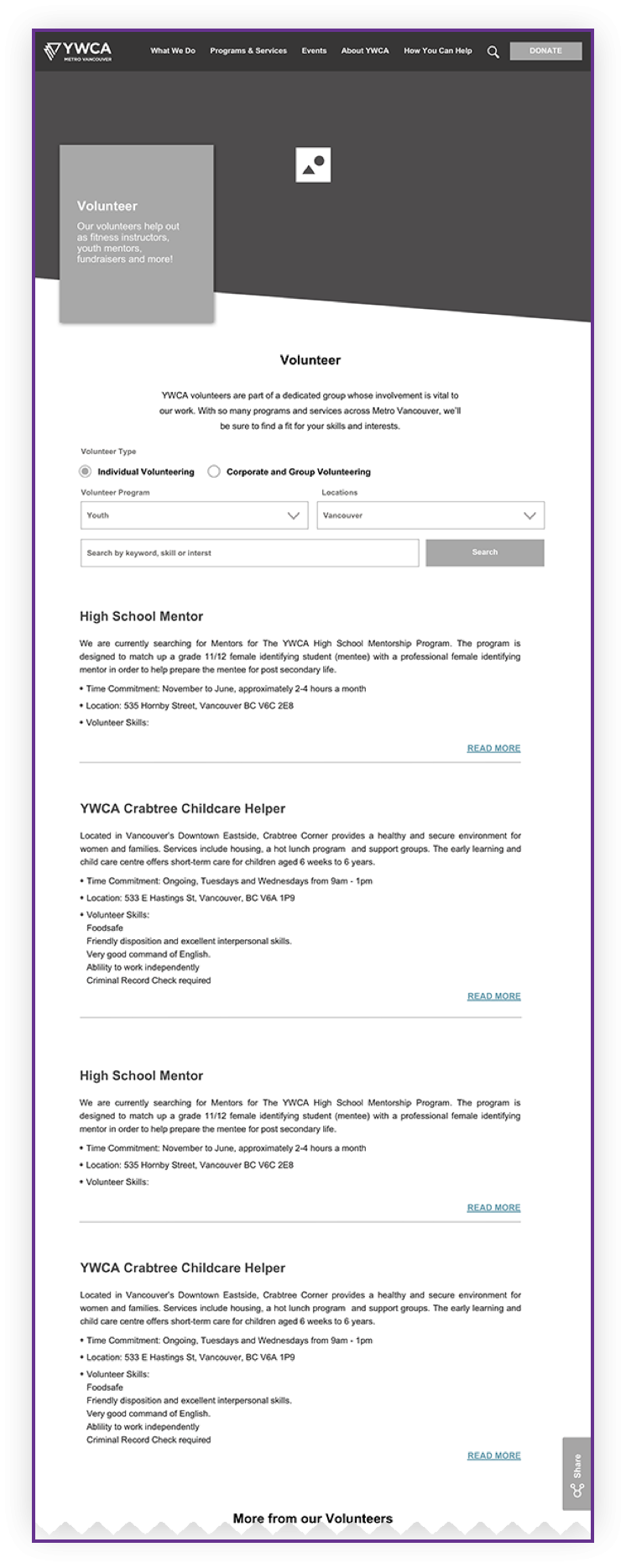 A wireframe of a volunteer form on the YWCA site
