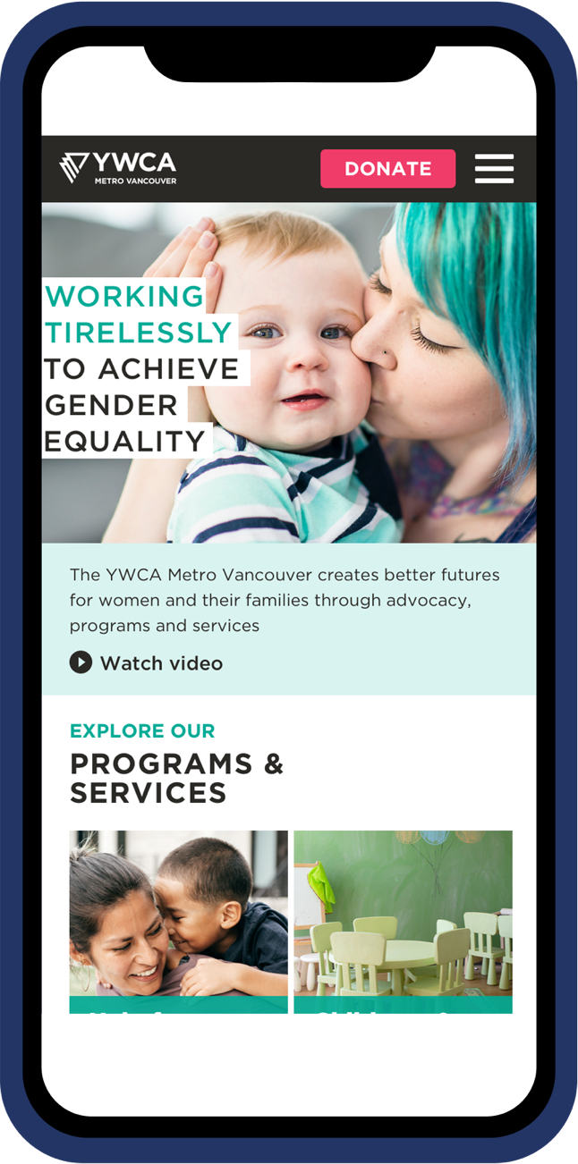 The YWCA website, as seen on a smartphone
