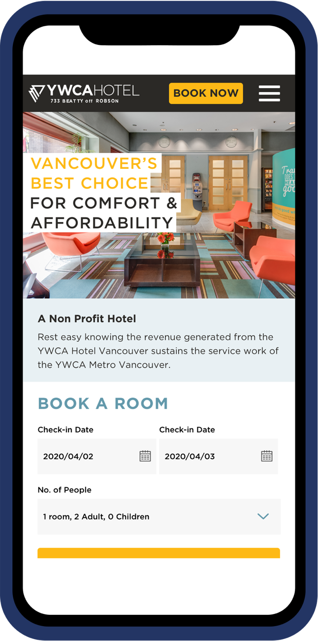 The YWCA website, as seen on a smartphone (YWCA Hotel, room bookings)
