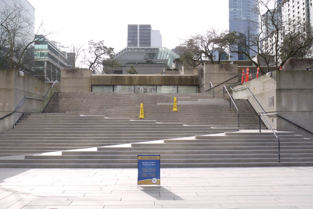 Robson Square's staircase in Vancouer, BC with an in-built winding ramp