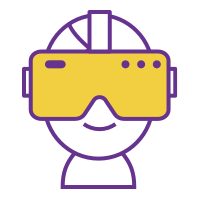 A person smiling while wearing a virtual reality headset doing evaluative research.