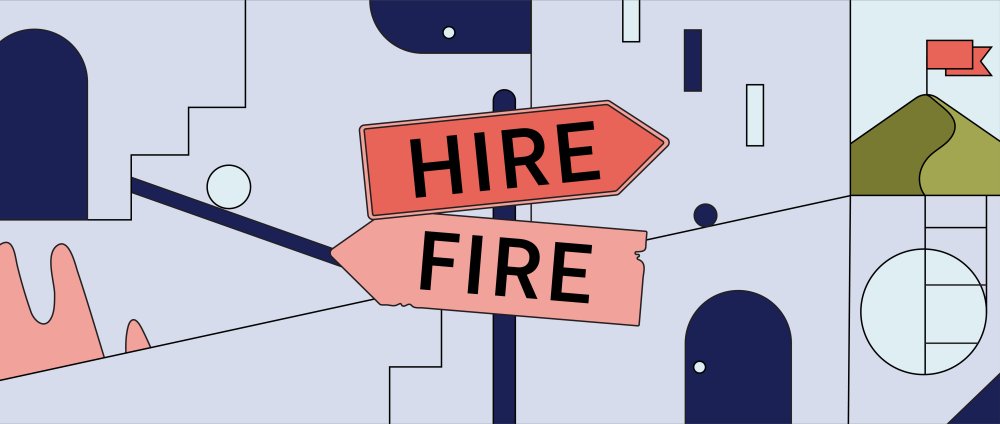 Different layers to represent different paths and possibilities to fulfill a goal. Direction sign in the middle one sign pointing right to hire and the other sing pointing left to fire. On the right hand upper corner is a peak with a flag to represent achieving goal. On the left down corner is a fire to represent firing a product.   