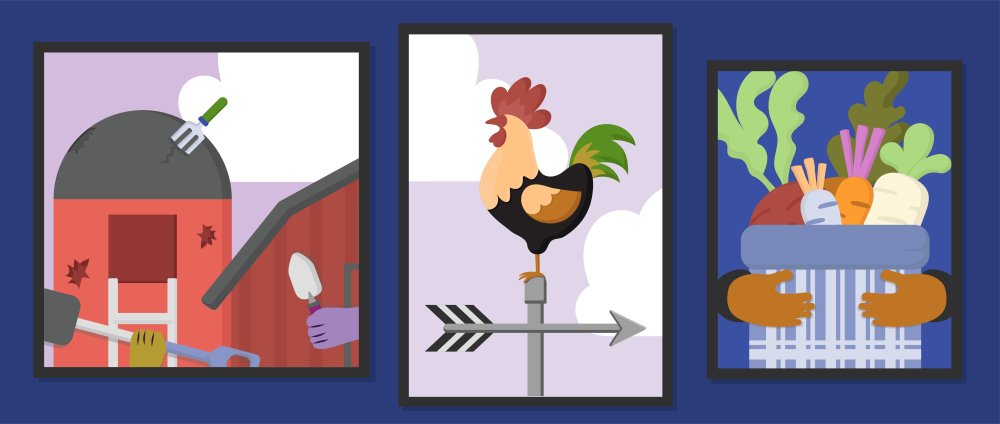 There are tree paintings on the wall. The first one is supporting to break the silo so people are handing shovels to help break the silos; second one is a weather vane to represent way finding; the third one is embrace various radishes to represent inclusivity  