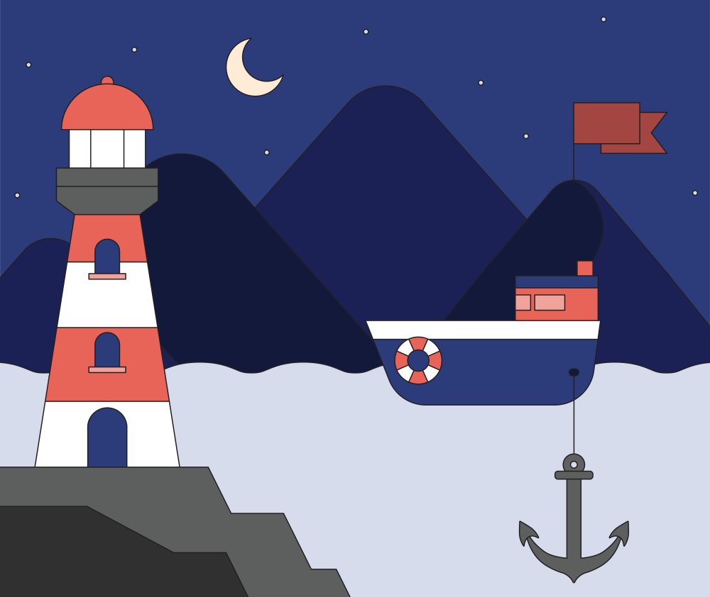 Lighthouse on the rock and a ship is putting down the anchor when arriving to the destination.