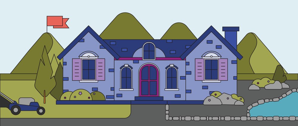 The centre of the image is a blue house with front yard. On the left side of the house is grass garden maintained by a mower; and on the other side is rock garden. Background are mountains and on the left mountain with a flag on the peak to represent job to be done.