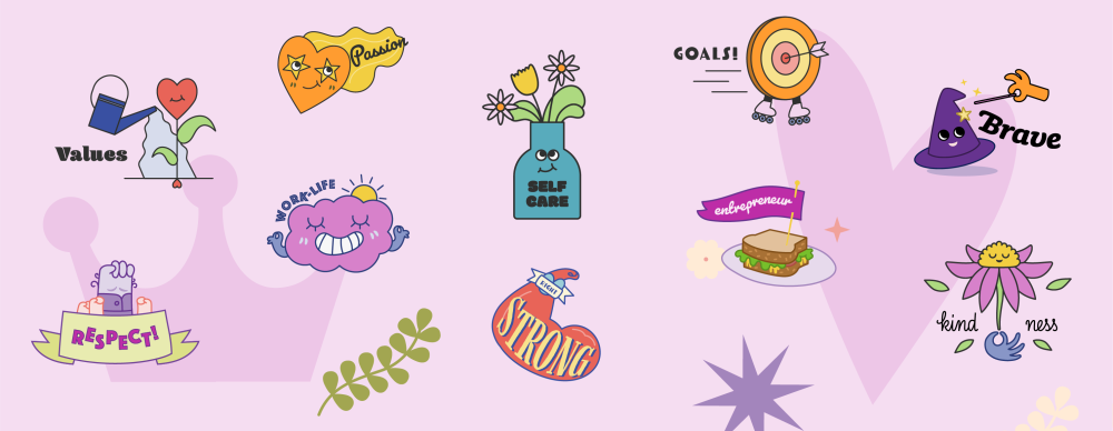 collage of positive traits: passion, strong, brave, kindness, entrepreneur