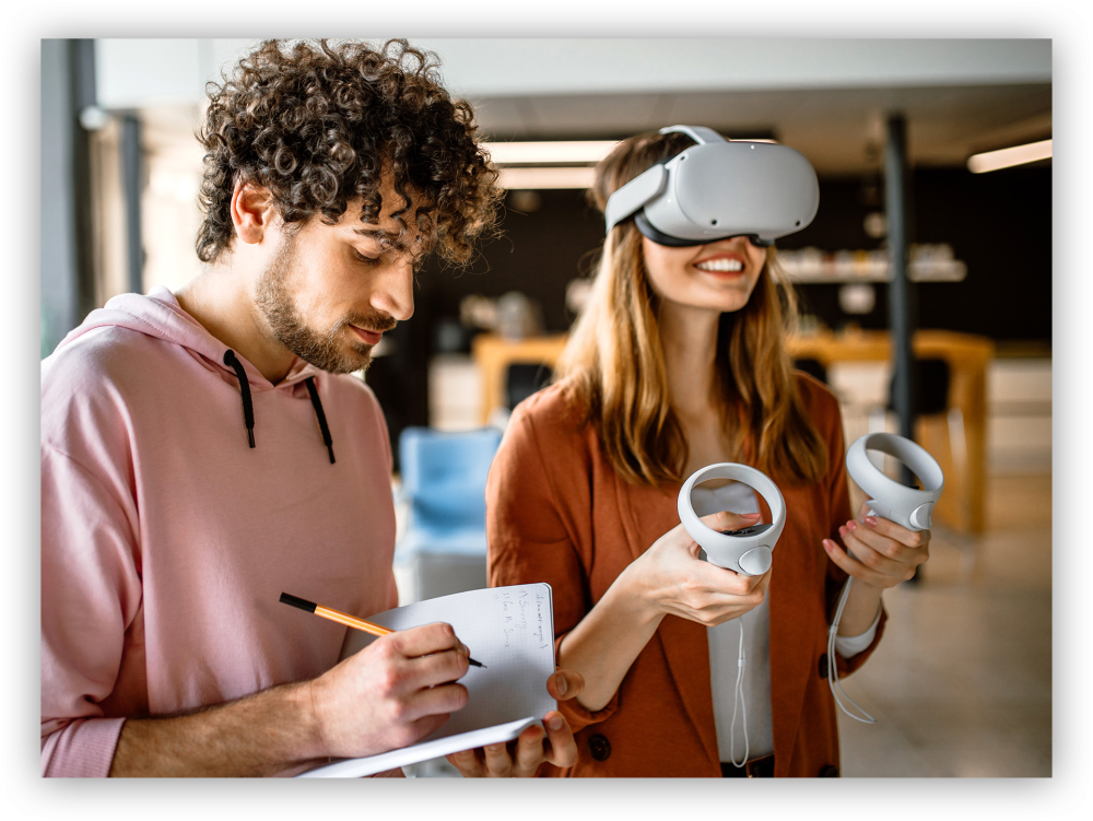 Spatial XR researcher evaluates product with hololens device with user in the lab