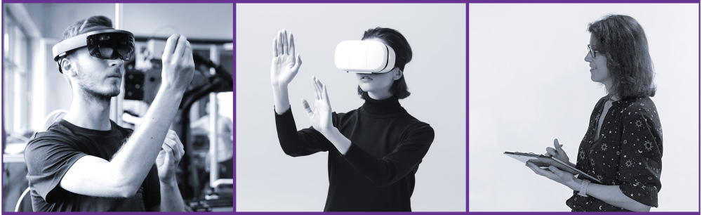 bank of images depicting:player wearing hololens headset, player wearing oculus 2 headset, researcher smiling with clipboard 