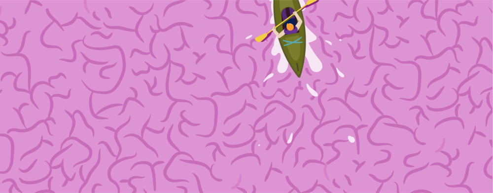illustration of kayaker surging over human brain