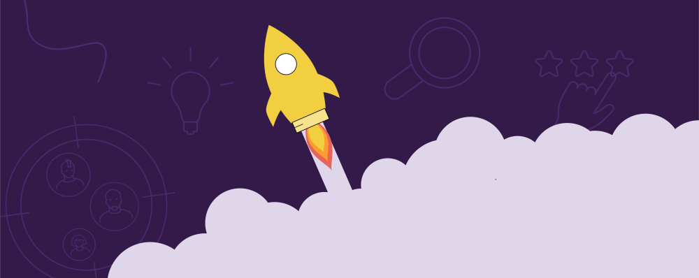 Illustration of startup rocket and elements required to make an MVP or minimum viable product