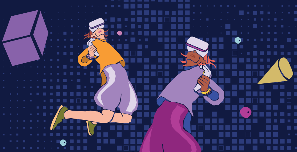 People floating in a VR space with cubes, spheres and cones floating around them