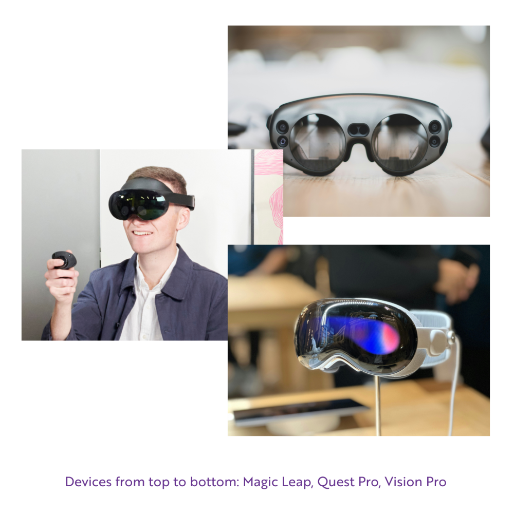 Collage of 3 images focusing on different VR headsets: Magic Leap, Quest Pro, Vision Pro