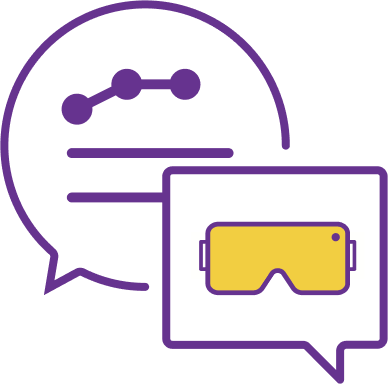 XR application user research icon showing two chat bubbles with fake text and a VR headset