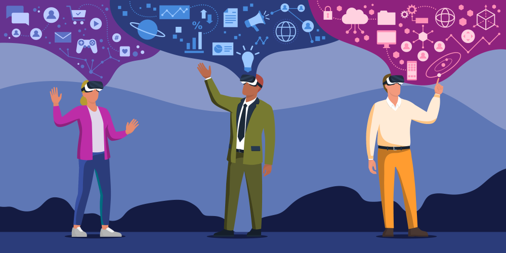 3 people experiencing XR with different VR related icons floating from their vision