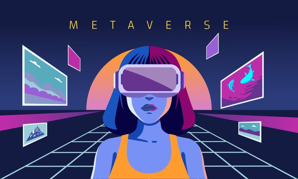 Illustration of woman with VR headset in the Metaverse being shown multiple screens